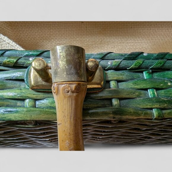 Vintage Green Wicker Rattan Satchel Briefcase Purse Bamboo Handle  14"X10" MCM - Picture 6 of 16